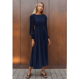 Navy Long Sleeve Maxi Dress | Toni Pleated Maxi Dress