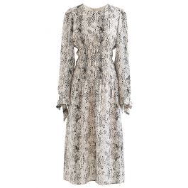 Snake Print Shirred Waist Midi Dress in Ivory - Retro, Indie and Unique ...