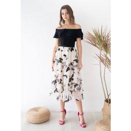 3D Butterfly Double-Layered Mesh Midi Skirt in Cream - Retro, Indie