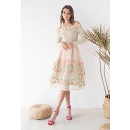 3D Flower Vine Airy Honeycomb Pleated Skirt in Cream Retro