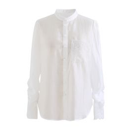 Floral Mesh Inserted Semi-Sheer Shirt in White - Retro, Indie and ...