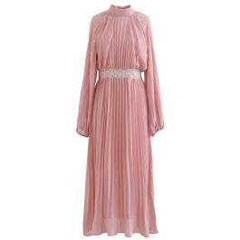 Lacy Waist Full Pleated Maxi Dress in Pink - Retro, Indie and Unique ...