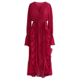 Breezy Ruffle Asymmetric Pleated Chiffon Maxi Dress in Red - Retro ...