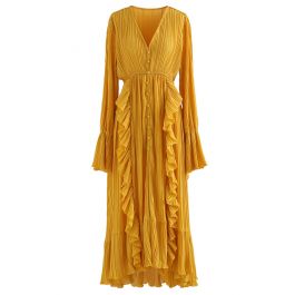 Breezy Ruffle Asymmetric Pleated Chiffon Maxi Dress in Mustard - Retro ...