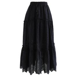 Frill Hem Broderie Cotton Midi Skirt in Black - Retro, Indie and Unique ...