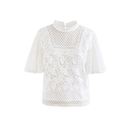 Bliss Flutter Sleeve Full Crochet Top in White - Retro, Indie and ...