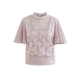 Bliss Flutter Sleeve Full Crochet Top in Light Pink - Retro, Indie and ...