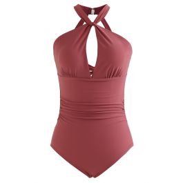 Halter Neck Cut Out Open Back Swimsuit in Rust Red - Retro, Indie and ...