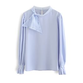 Pearly Mesh Bowknot Satin Shirt in Blue - Retro, Indie and Unique Fashion