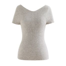 V-Neck Short-Sleeve Fitted Knit Top in Linen