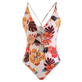 Front and Back Lace-Up Orange Floral Swimsuit - Retro, Indie and Unique ...