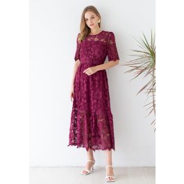 Princess Chic Floral Crochet Belted Dress in Burgundy - Retro, Indie ...