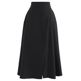 Flap Front Flare Hem Midi Skirt in Black - Retro, Indie and Unique Fashion