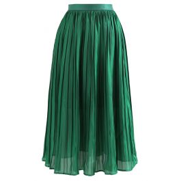 Glimmer Pleated Elastic Waist Midi Skirt in Green - Retro, Indie and ...