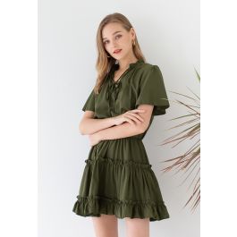 V-Neck Flare Sleeve Ruffle Trim Dress in Army Green - Retro, Indie and ...