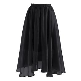 Flowy Organza Flare Midi Skirt in Black - Retro, Indie and Unique Fashion