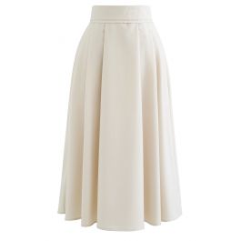 High Waist Pleated Flare Midi Skirt in Cream - Retro, Indie and Unique ...