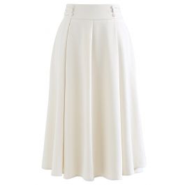 Button Trim Waist Flare Midi Skirt in Ivory - Retro, Indie and Unique ...