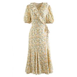 Flower Ruffle Trim Wrapped Dress in Yellow - Retro, Indie and Unique ...