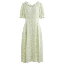 Ruffle Trim Lace-Up Back Floral Dress in Pea Green - Retro, Indie and ...