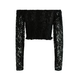 Off-Shoulder Floral Lace Shirred Crop Top in Black - Retro, Indie and ...