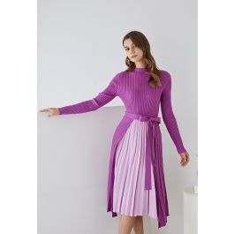 Front Pleats Splicing Belted Hi-Lo Knit Dress in Violet - Retro