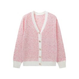 Mixed Knit V-Neck Buttoned Cardigan in Pink - Retro, Indie and Unique ...