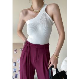 Asymmetric One-Shoulder Knit Tank Top In White Retro, Indie, 44% OFF