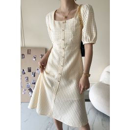 Square Neck Button Trims Textured Dress - Retro, Indie and Unique Fashion