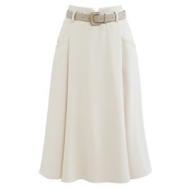 Front Pockets Belted Midi Skirt in Ivory - Retro, Indie and Unique Fashion