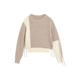 Bicolor Lace-Up Crop Sweater in Linen - Retro, Indie and Unique Fashion