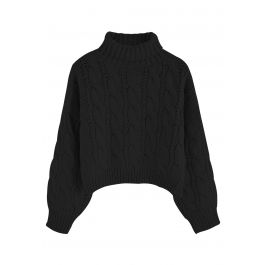 Turtleneck Braid Knit Crop Sweater in Black - Retro, Indie and Unique ...