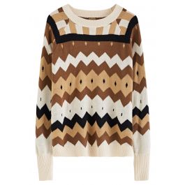Multi-Color Zigzag Knit Sweater in Brown - Retro, Indie and Unique 
