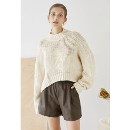 Mock Neck Hi-Lo Chunky Knit Sweater in Ivory - Retro, Indie and