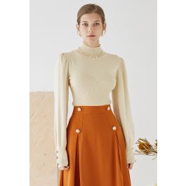 Rib Splicing Fitted Soft Knit Sweater in Cream