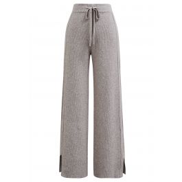 Drawstring Waist Side Slit Knit Pants in Taupe