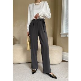 Side Drawstring Pleated Straight Leg Pants in Smoke - Retro, Indie and ...