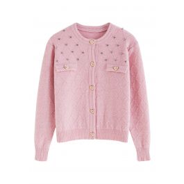 Diamante Studded Pink Knit Cardigan - Retro, Indie and Unique Fashion