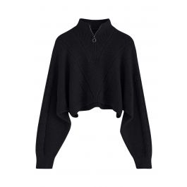 Zipper Neck Embossed Braided Knit Crop Top in Black - Retro, Indie and ...