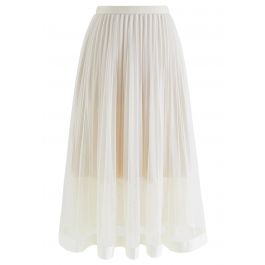 Lace Hem Double-Layered Mesh Midi Skirt in Cream - Retro, Indie and ...