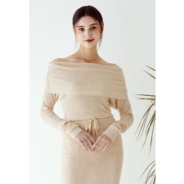 Fold Over Off-Shoulder Knit Top in Apricot