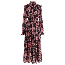 Darling Blush Pink Floral Tie Neck Maxi Dress in Black - Retro, Indie ...