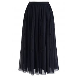 3D Flower Embellished Tulle Midi Skirt in Black - Retro, Indie and ...