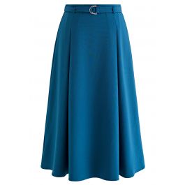 Belted Pleated A-Line Midi Skirt in Teal - Retro, Indie and Unique Fashion