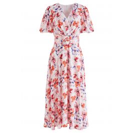 Lively Floral Print Belted Wrap Dress - Retro, Indie and Unique Fashion