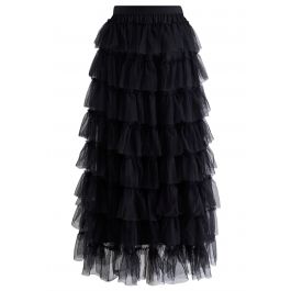 Ruffle Tiered Tulle Mesh Maxi Skirt in Black - Retro, Indie and Unique ...