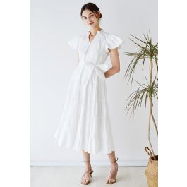 V-Neck Flutter Sleeve Ruffle Cotton Dress in White - Retro, Indie and ...