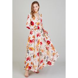 Scarf Plunging Vernal Blossom Chiffon Maxi Dress in Cream - Retro ...