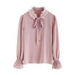 Petal Trim Bowknot Satin Shirt in Pink - Retro, Indie and Unique Fashion