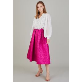 Noble Embossed Floral Jacquard Midi Skirt in Magenta